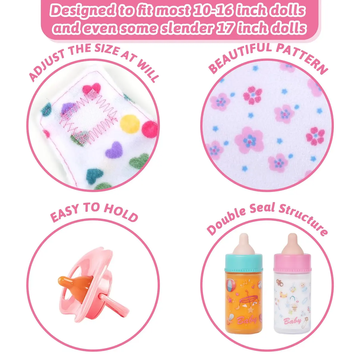 CARANOVO Baby Doll Feeding & Caring Set, 7-Piece Kit for 10-17 Inch Dolls, Pink - view 2