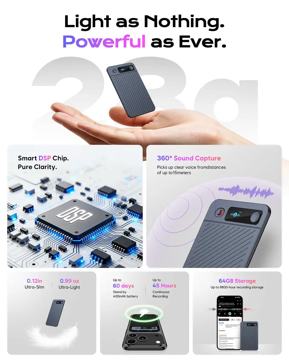 Elasound AI Voice Recorder 64GB | Transcribe & Summarize in 121 Languages, 45H Battery, Magnetic Case - view 4