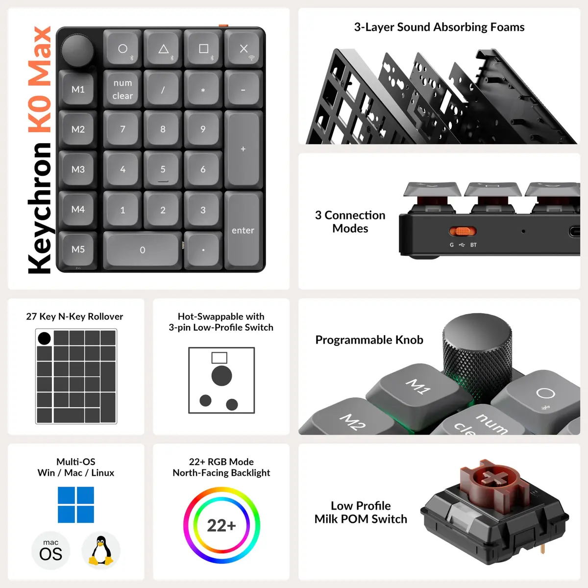 Keychron K0 Max Wireless Low-Profile Numeric Pad with RGB & Bluetooth 5.3 | Programmable, Hot-Swappable Brown Switch, 27 Keys - view 3