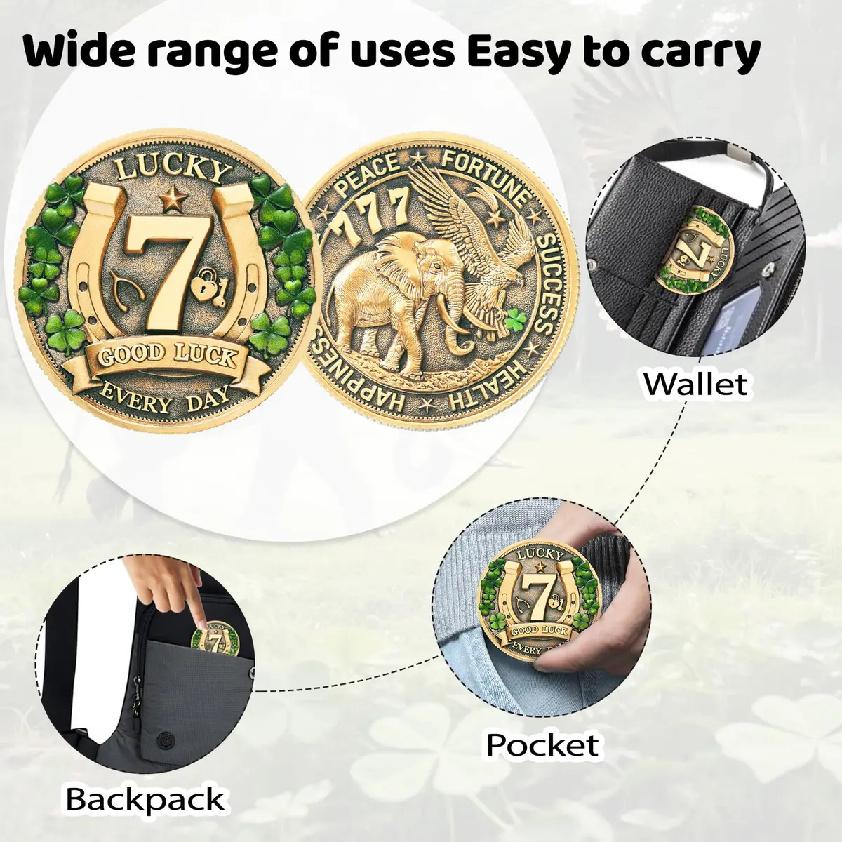 LParkin Lucky Coin Charm 1.57 inches | Four Leaf Clover & Elephant Prosperity Token - view 4