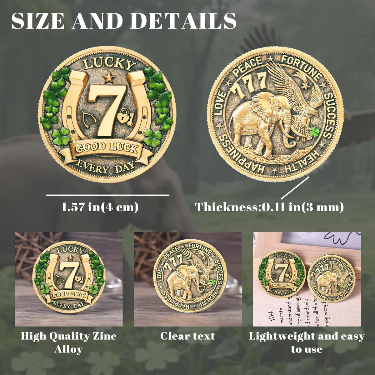 LParkin Lucky Coin Charm 1.57 inches | Four Leaf Clover & Elephant Prosperity Token - view 5