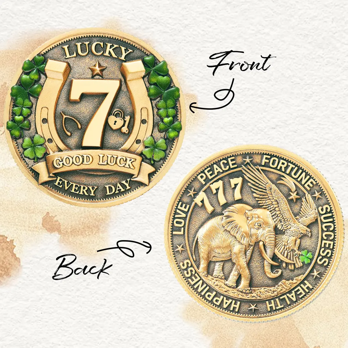 LParkin Lucky Coin Charm 1.57 inches | Four Leaf Clover & Elephant Prosperity Token - view 6