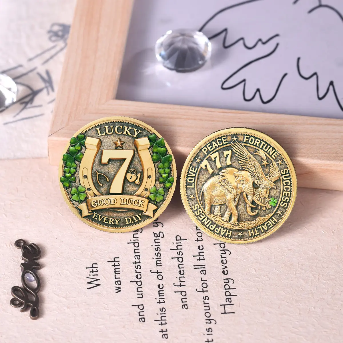 LParkin Lucky Coin Charm 1.57 inches | Four Leaf Clover & Elephant Prosperity Token - view 7