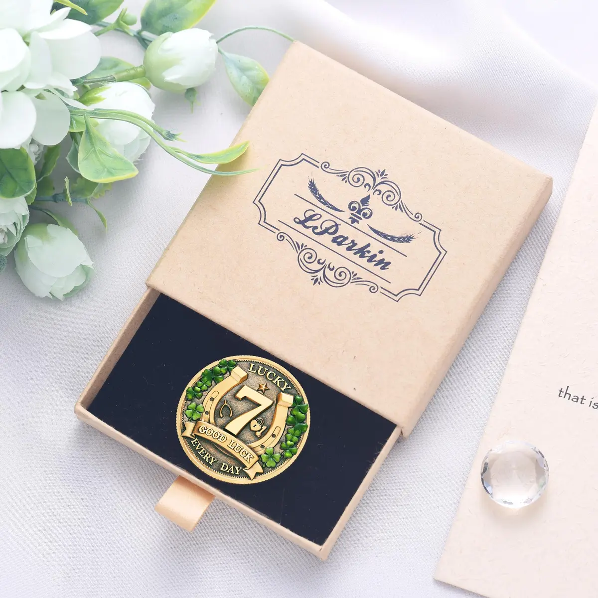 LParkin Lucky Coin Charm 1.57 inches | Four Leaf Clover & Elephant Prosperity Token - view 8