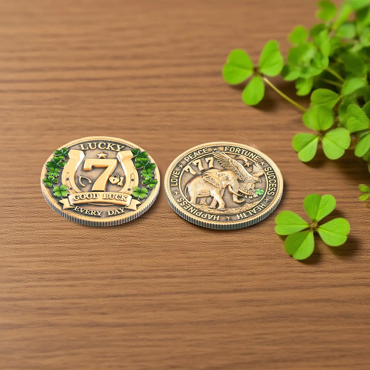 LParkin Lucky Coin Charm 1.57 inches | Four Leaf Clover & Elephant Prosperity Token - view 2