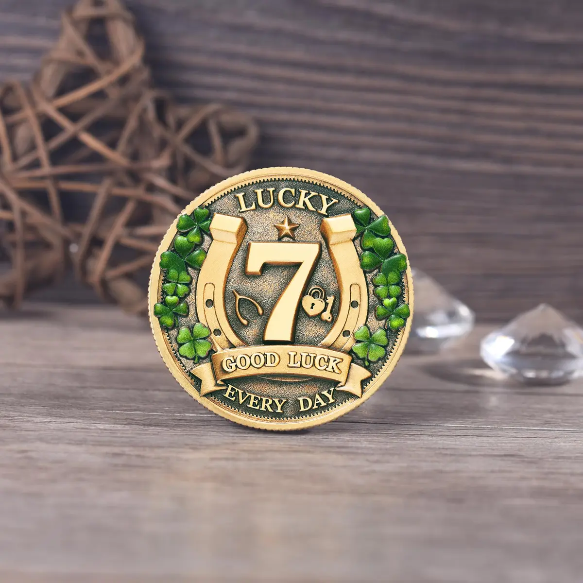 LParkin Lucky Coin Charm 1.57 inches | Four Leaf Clover & Elephant Prosperity Token - view 3