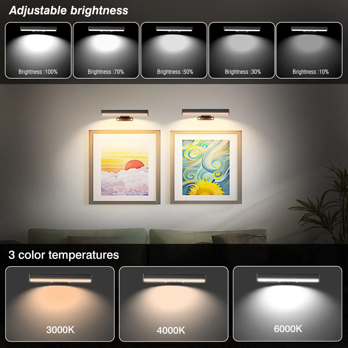 EUIOKUN Wireless Picture Light with Remote | Battery Operated Wall Sconces for Wall Decor - view 2
