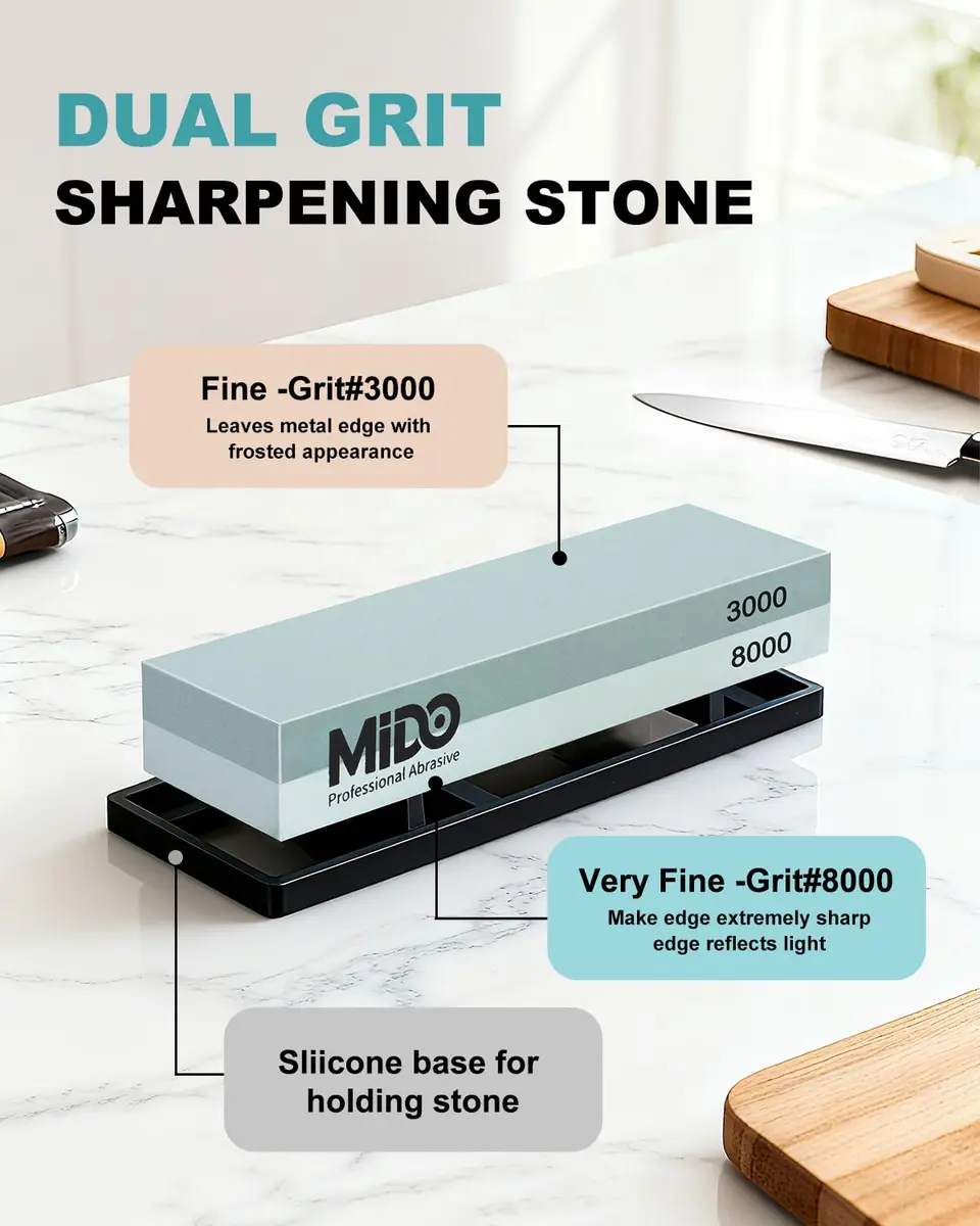 MIDO Professional Abrasive Knife Sharpening Stone 3000/8000 Grit Whetstone with Non-Slip Rubber Base, 19 cm (7.09 in) - view 2