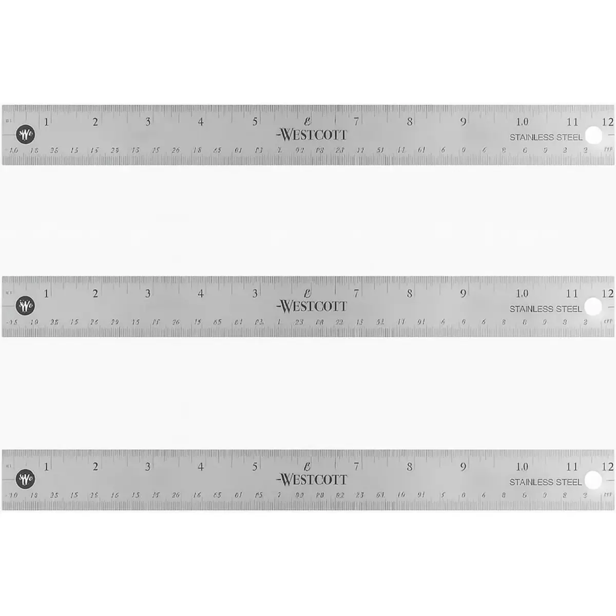 Westcott Stainless Steel Ruler Set with Non-Slip Cork Backing, Easy to Read Etched Markings, Flexible and Sturdy Design, for Crafting, Office, Classroom, Back to School Supplies, 12-Inch, 3 Pack - main product image