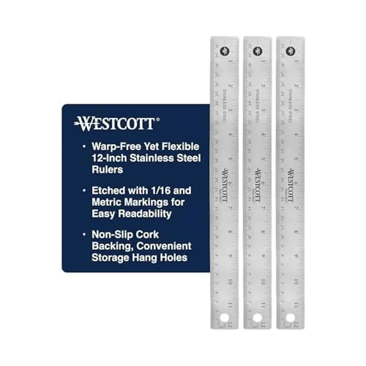 Westcott Stainless Steel Ruler Set with Non-Slip Cork Backing, Easy to Read Etched Markings, Flexible and Sturdy Design, for Crafting, Office, Classroom, Back to School Supplies, 12-Inch, 3 Pack - view 2