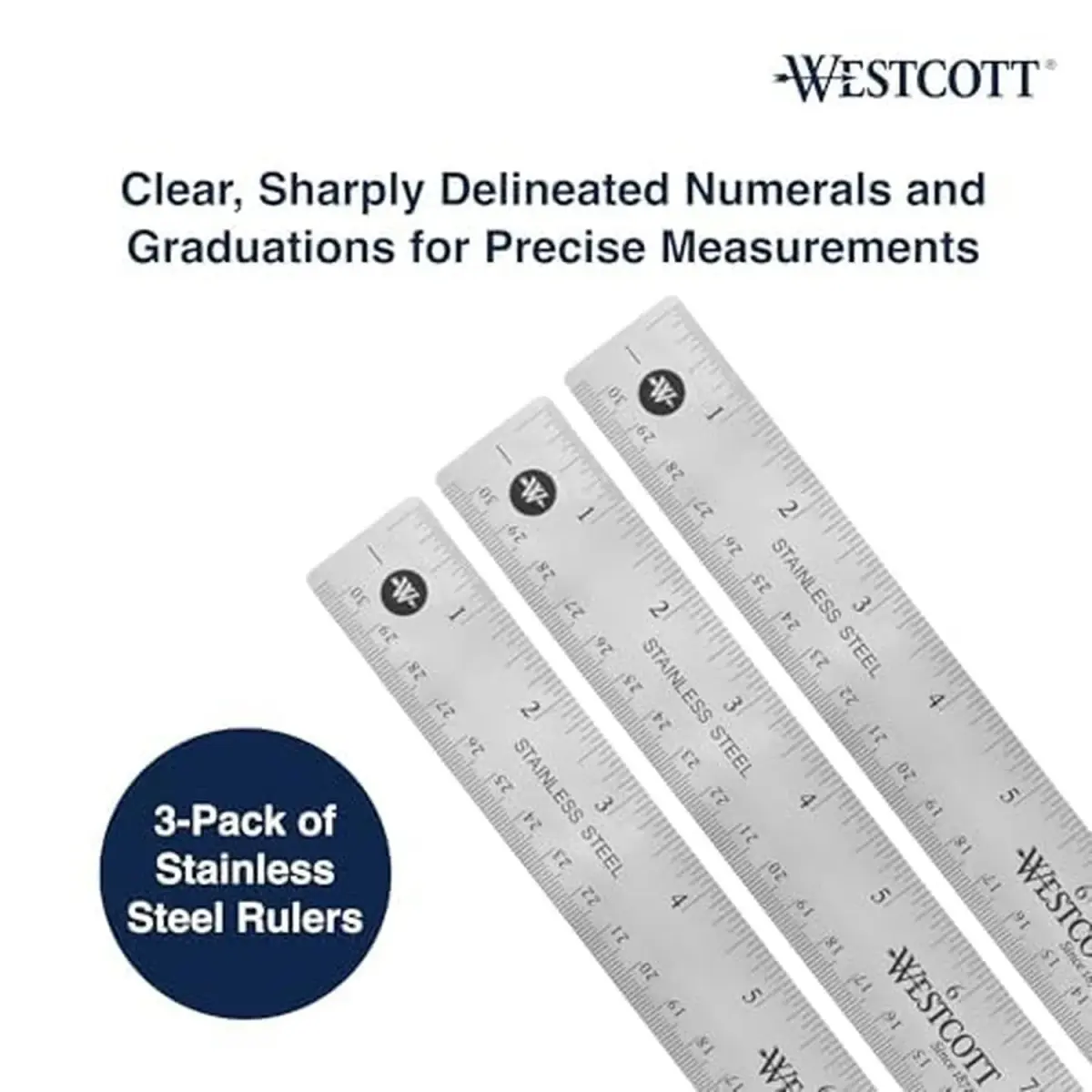 Westcott Stainless Steel Ruler Set with Non-Slip Cork Backing, Easy to Read Etched Markings, Flexible and Sturdy Design, for Crafting, Office, Classroom, Back to School Supplies, 12-Inch, 3 Pack - view 3