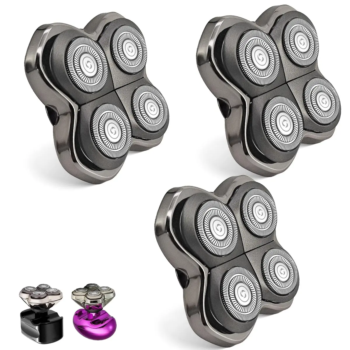 VODOZAVA 3-Pack Pro 4 Shaver Replacement Heads for Skull, Self-Sharpening Blades, Silver - main product image