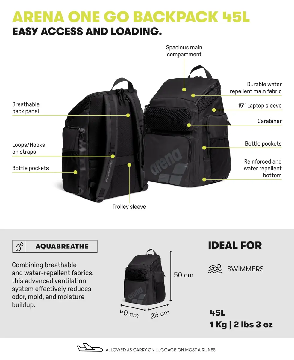 ARENA One Go Backpack Swimmers Athletes Sports Gym Rucksack 45L In the Wild - view 3