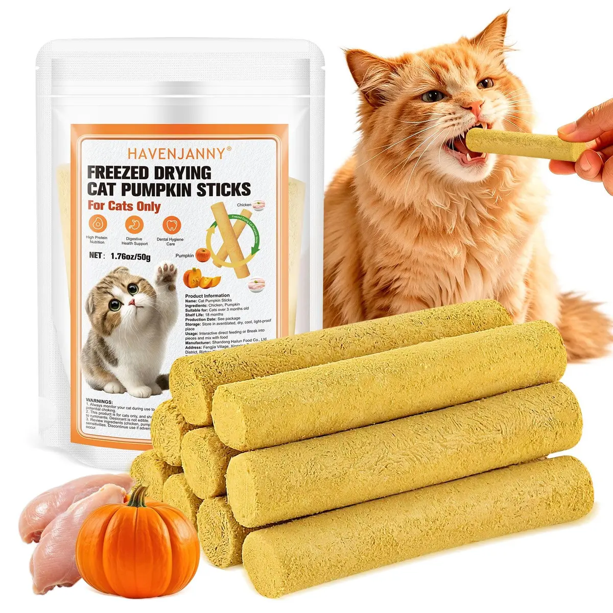 HavenJanny Freeze-Dried Chicken & Pumpkin Cat Treats, 50g (1.76 oz) | Digestive Support & Teeth Cleaning - main product image