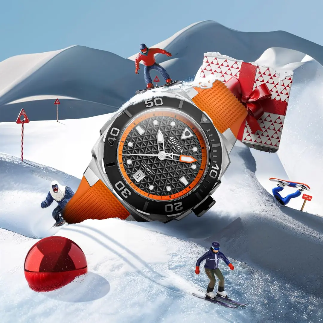 Alpina Men's Automatic Seastrong Watch, Orange Rubber Strap, Black Dial, Date - view 5