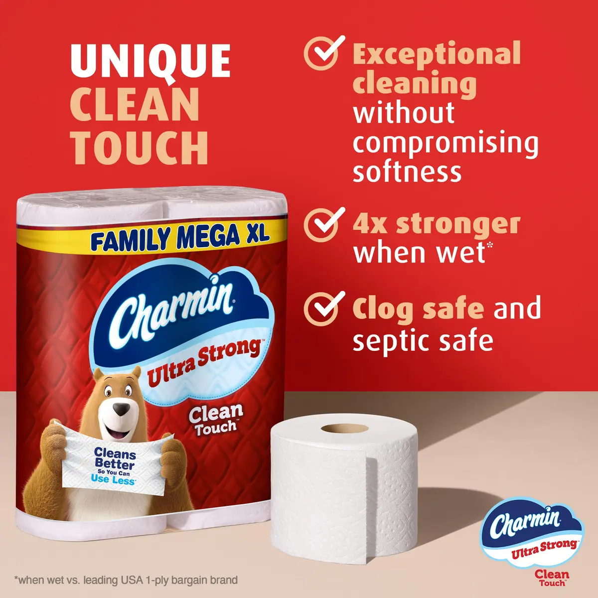 Charmin Ultra Strong Clean Touch Toilet Paper, 6 Family Mega XL Rolls (2310 Sheets Total) | 4X Stronger When Wet - view 2