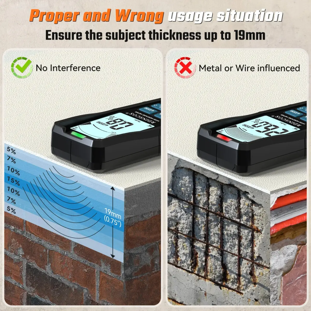 RDINSCOS Pinless Moisture Meter for Drywall & Concrete, Black | Non-Invasive Surface Scanner - view 5