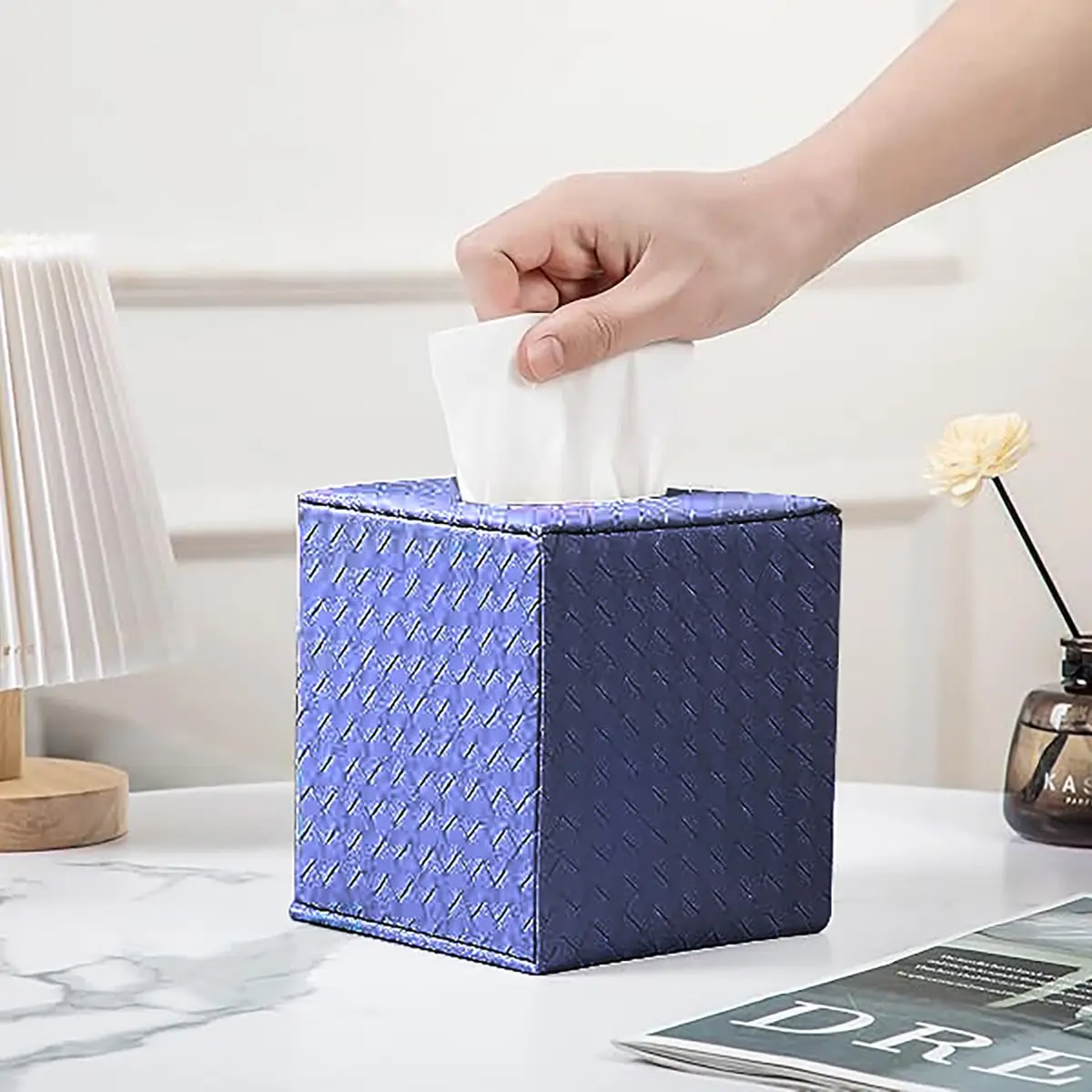 SUNYUROU Blue Square Tissue Box Cover | Modern PU Fabric & Wood Holder for Bathroom Countertop - main product image
