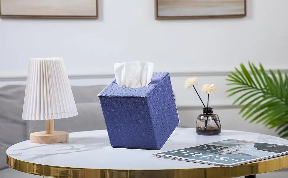 SUNYUROU Blue Square Tissue Box Cover | Modern PU Fabric & Wood Holder for Bathroom Countertop - view 9