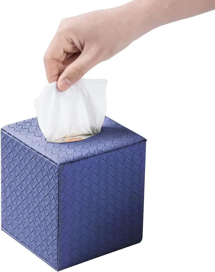 SUNYUROU Blue Square Tissue Box Cover | Modern PU Fabric & Wood Holder for Bathroom Countertop - view 11