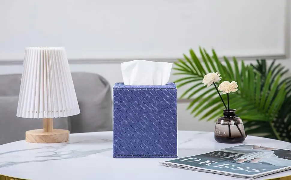 SUNYUROU Blue Square Tissue Box Cover | Modern PU Fabric & Wood Holder for Bathroom Countertop - view 5