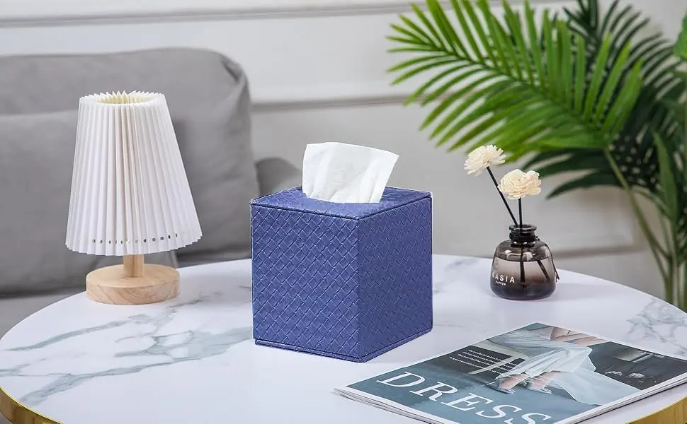 SUNYUROU Blue Square Tissue Box Cover | Modern PU Fabric & Wood Holder for Bathroom Countertop - view 6