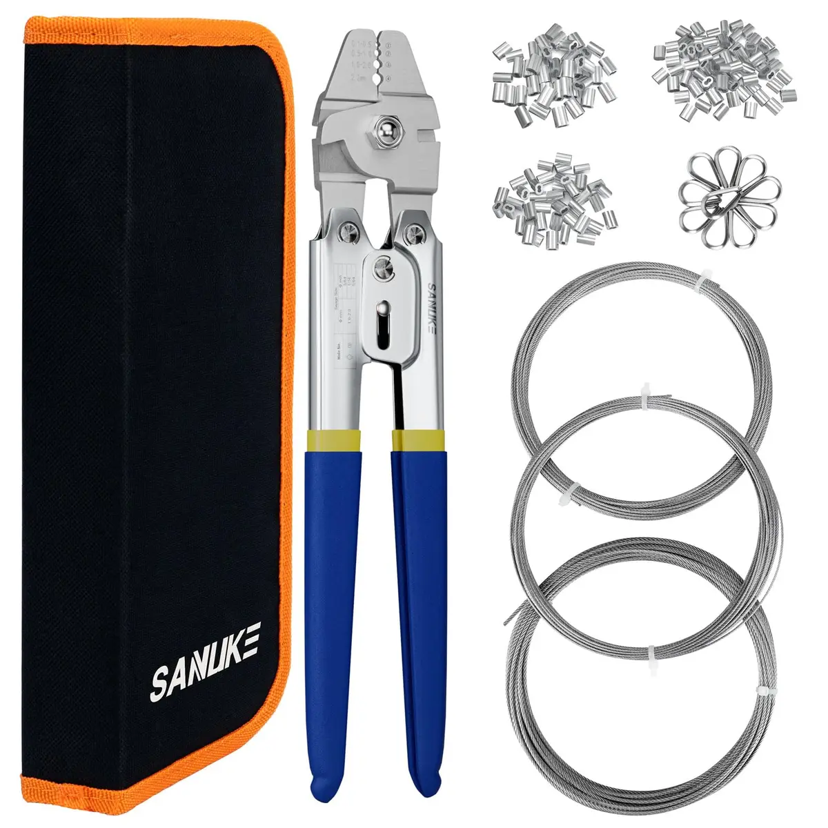 Sanuke Wire Rope Crimping Tool Kit with 150Pcs Crimp Sleeves & 10 Thimbles | Heavy Duty Stainless Steel Swager - main product image