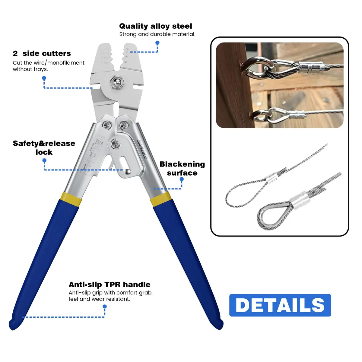 Sanuke Wire Rope Crimping Tool Kit with 150Pcs Crimp Sleeves & 10 Thimbles | Heavy Duty Stainless Steel Swager - view 5