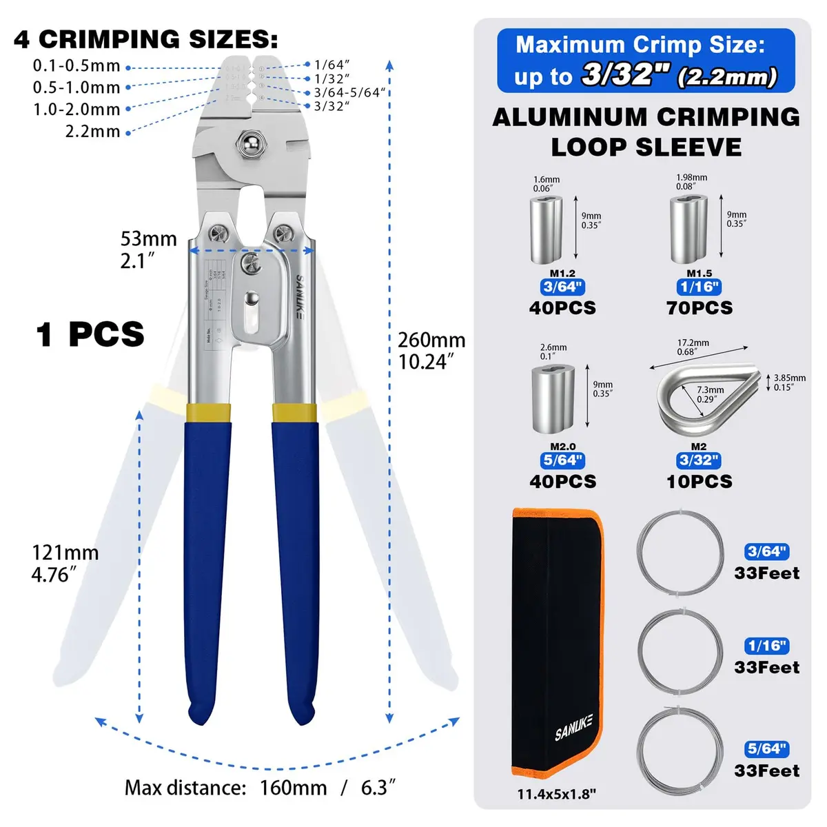 Sanuke Wire Rope Crimping Tool Kit with 150Pcs Crimp Sleeves & 10 Thimbles | Heavy Duty Stainless Steel Swager - view 2