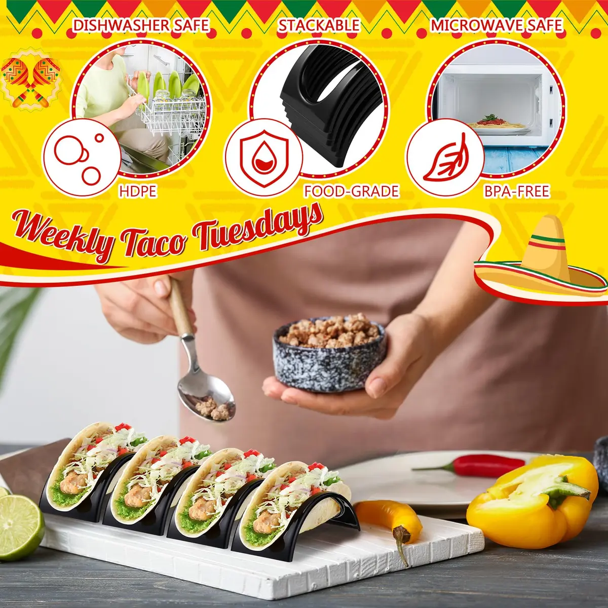 Baderke Black 48 pcs ITEM_STAND | Space-Saving Taco & Sandwich Holder (70-120 chars) - view 3