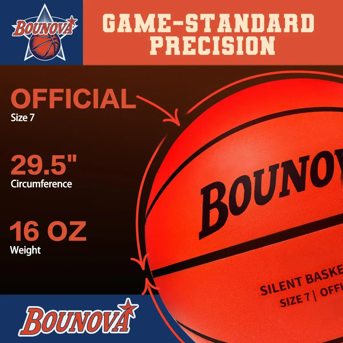 BOUNOVA Silent Basketball Size 7 (29.5") | Official Feel, Indoor Practice Ball - view 3