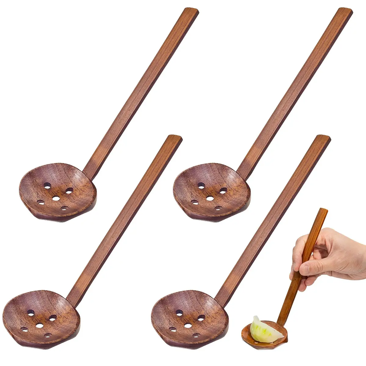Auswalar Japanese Soup Spoons Wooden Ramen Spoons with Long Handle, 21cm (8.27 in) - Set of 4 - main product image