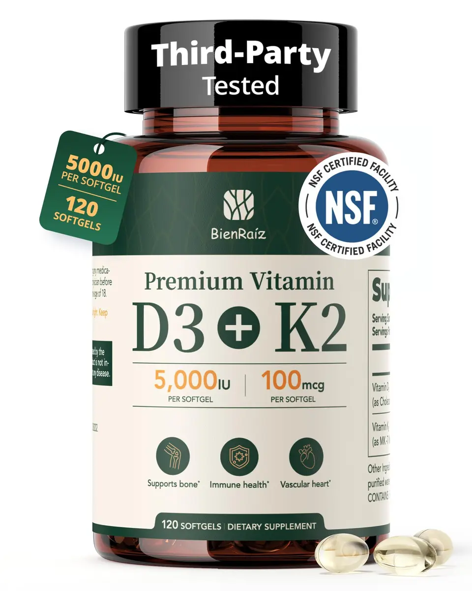 BienRaíz Vitamin D3 K2 5000IU, All-Trans MK-7 100mcg | Bone & Heart Support, 120 Softgels, USA Import - main product image