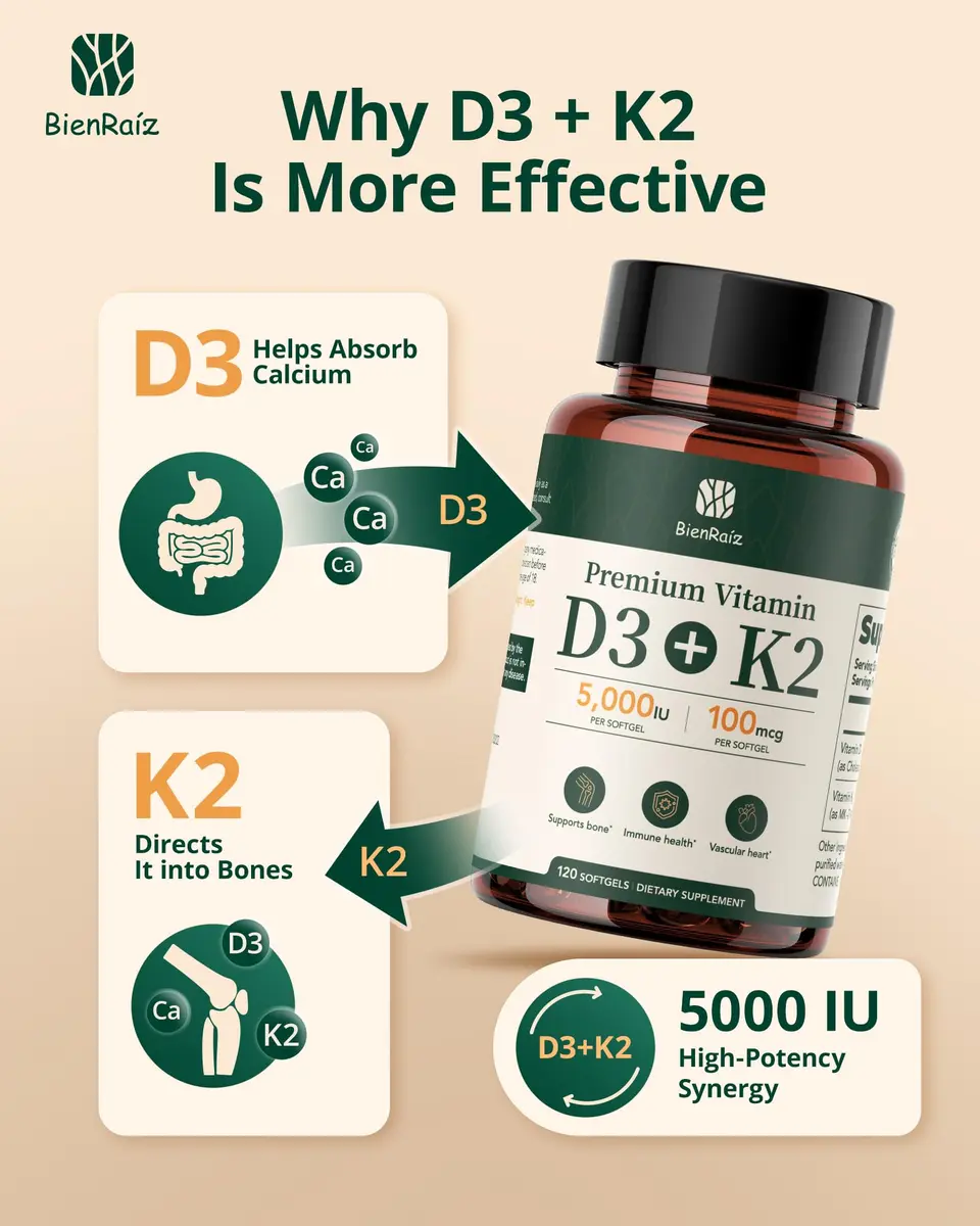 BienRaíz Vitamin D3 K2 5000IU, All-Trans MK-7 100mcg | Bone & Heart Support, 120 Softgels, USA Import - view 5