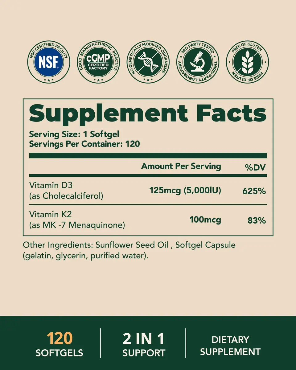BienRaíz Vitamin D3 K2 5000IU, All-Trans MK-7 100mcg | Bone & Heart Support, 120 Softgels, USA Import - view 9