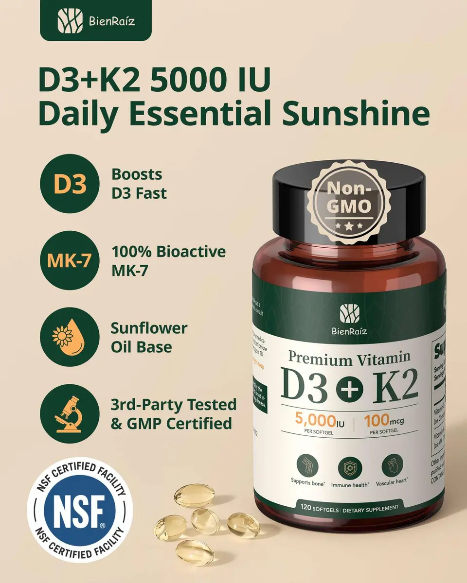 BienRaíz Vitamin D3 K2 5000IU, All-Trans MK-7 100mcg | Bone & Heart Support, 120 Softgels, USA Import - view 4