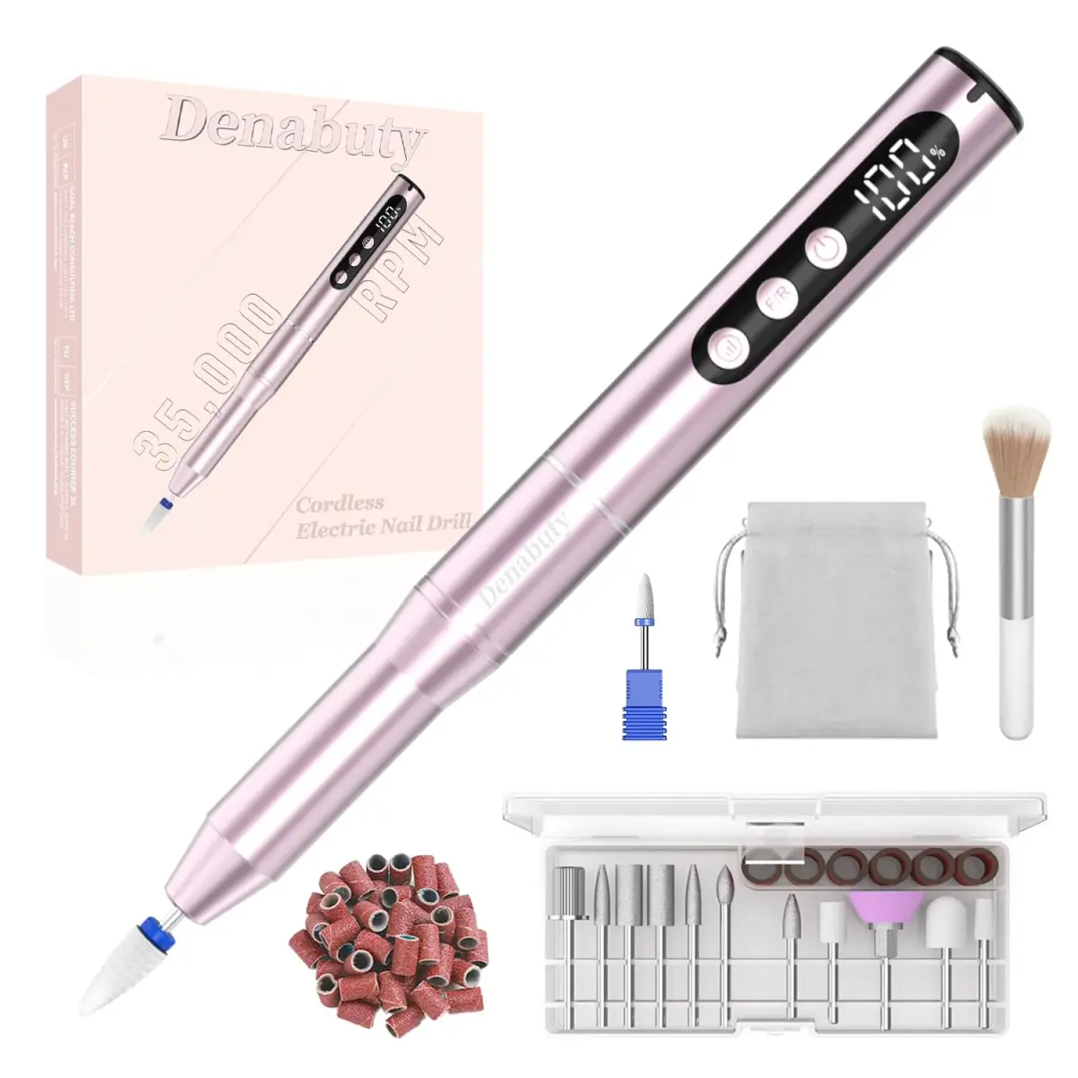 Denabuty Electric Nail Drill Cordless 35000RPM Pink | Professional Manicure & Pedicure Kit with LCD Display - main product image