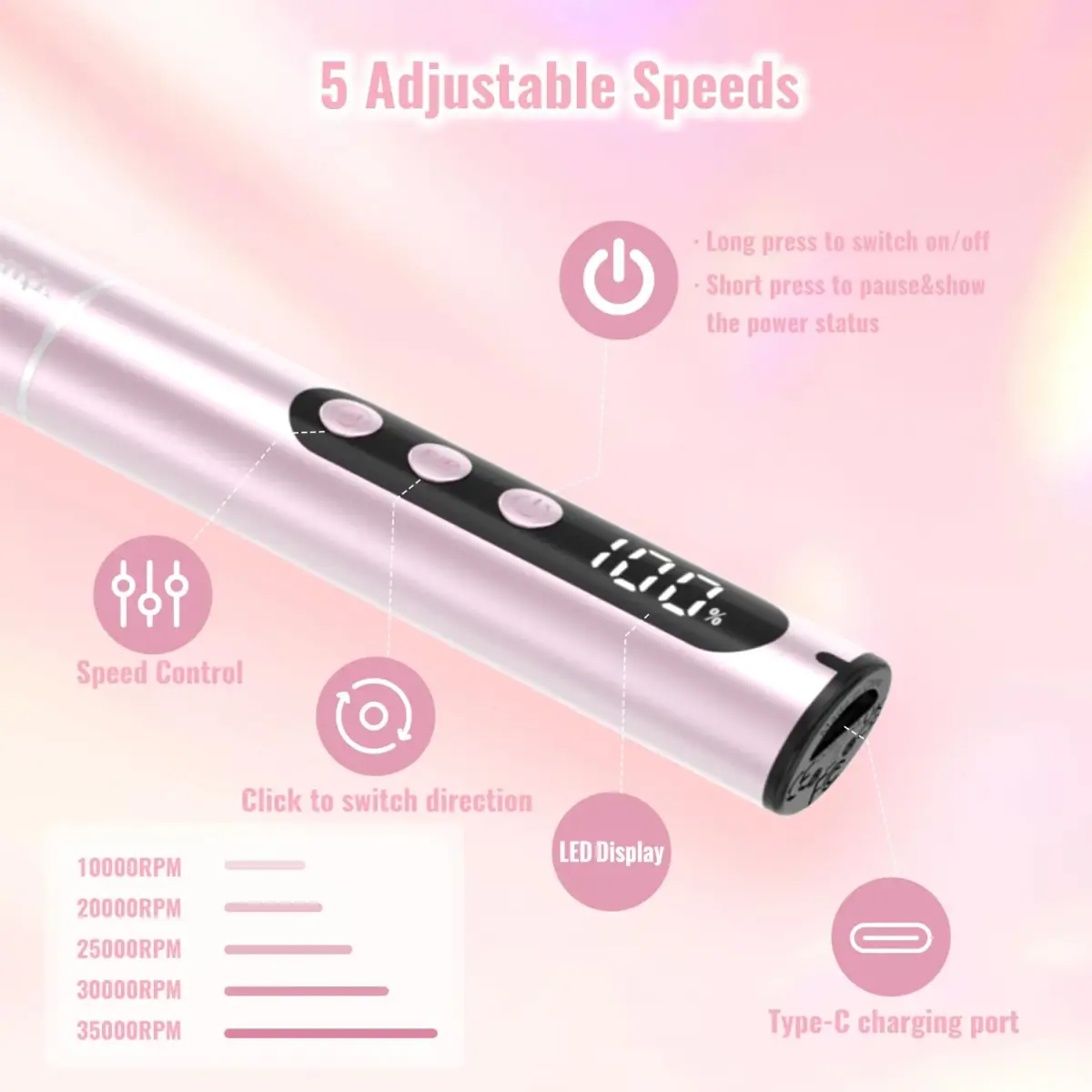 Denabuty Electric Nail Drill Cordless 35000RPM Pink | Professional Manicure & Pedicure Kit with LCD Display - view 5