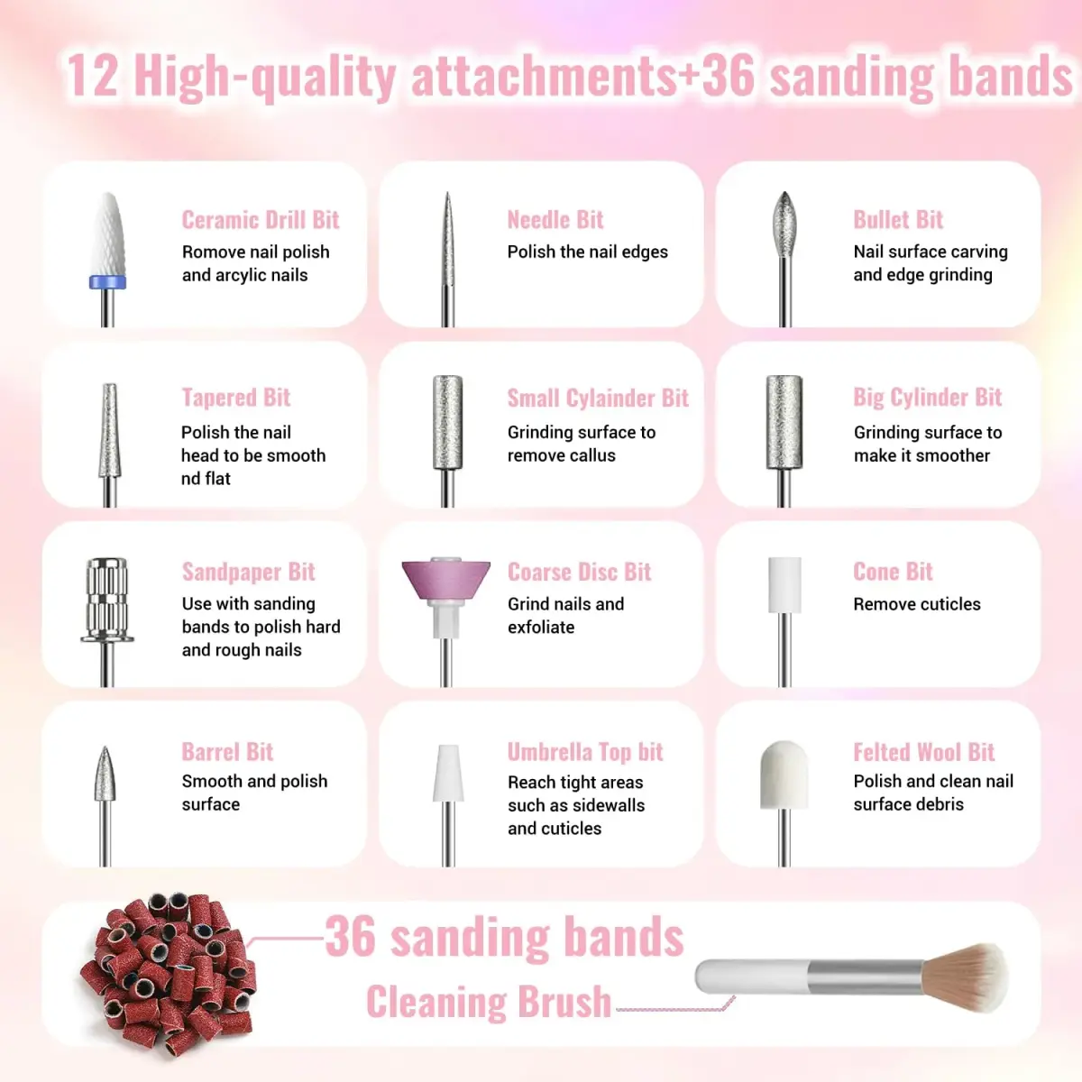 Denabuty Electric Nail Drill Cordless 35000RPM Pink | Professional Manicure & Pedicure Kit with LCD Display - view 6