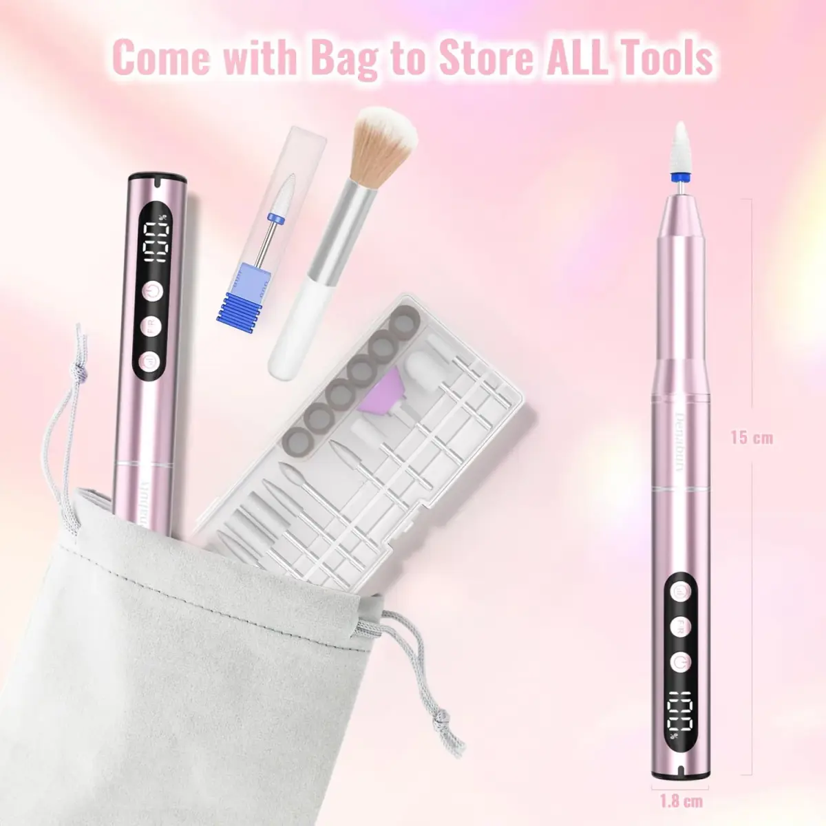 Denabuty Electric Nail Drill Cordless 35000RPM Pink | Professional Manicure & Pedicure Kit with LCD Display - view 7