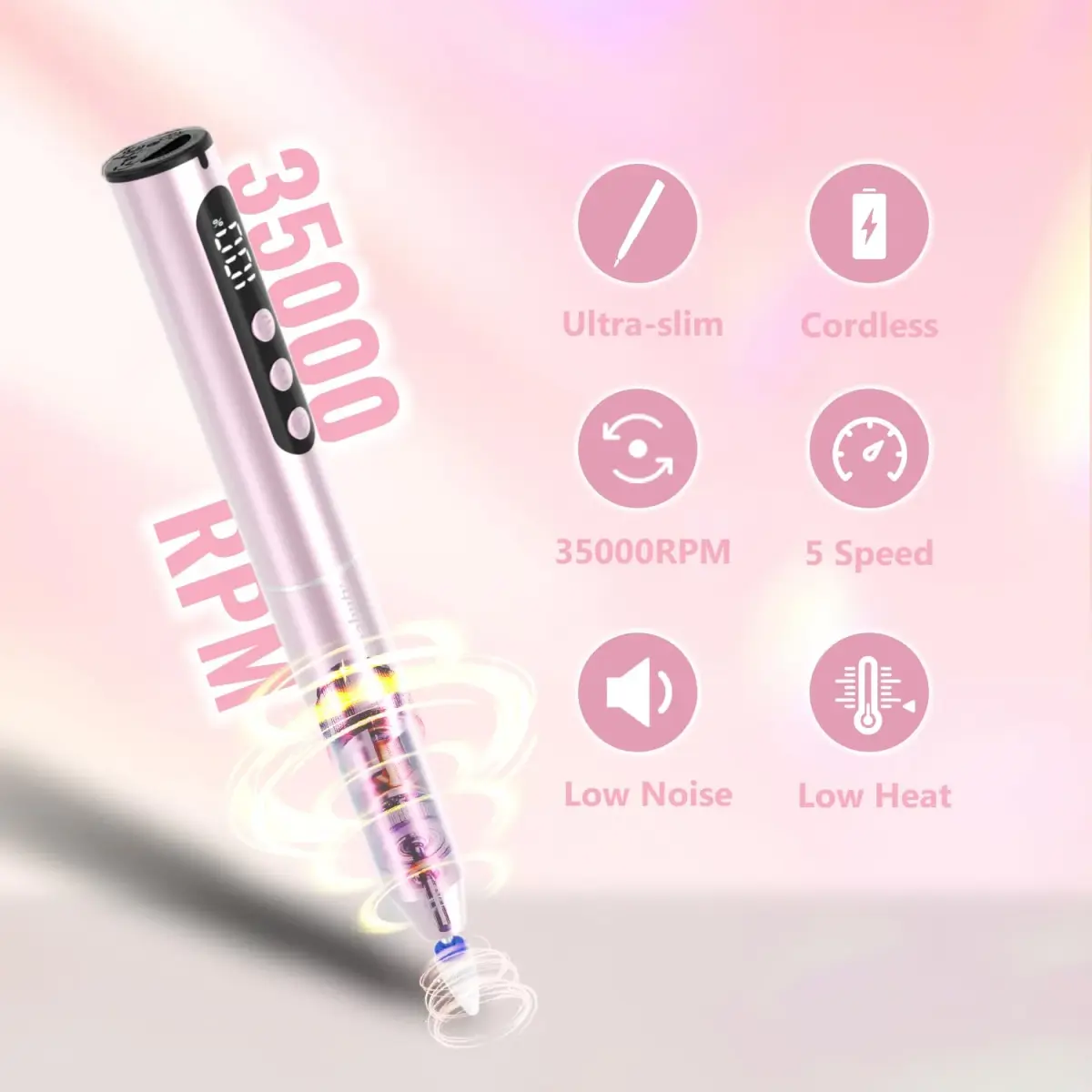 Denabuty Electric Nail Drill Cordless 35000RPM Pink | Professional Manicure & Pedicure Kit with LCD Display - view 2