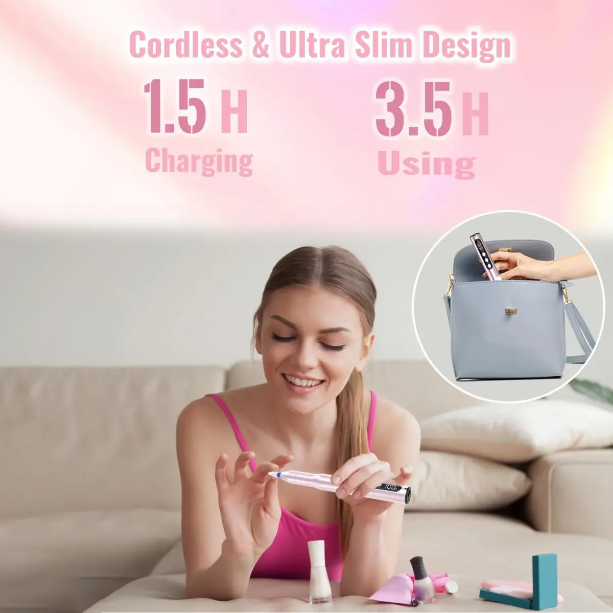 Denabuty Electric Nail Drill Cordless 35000RPM Pink | Professional Manicure & Pedicure Kit with LCD Display - view 3