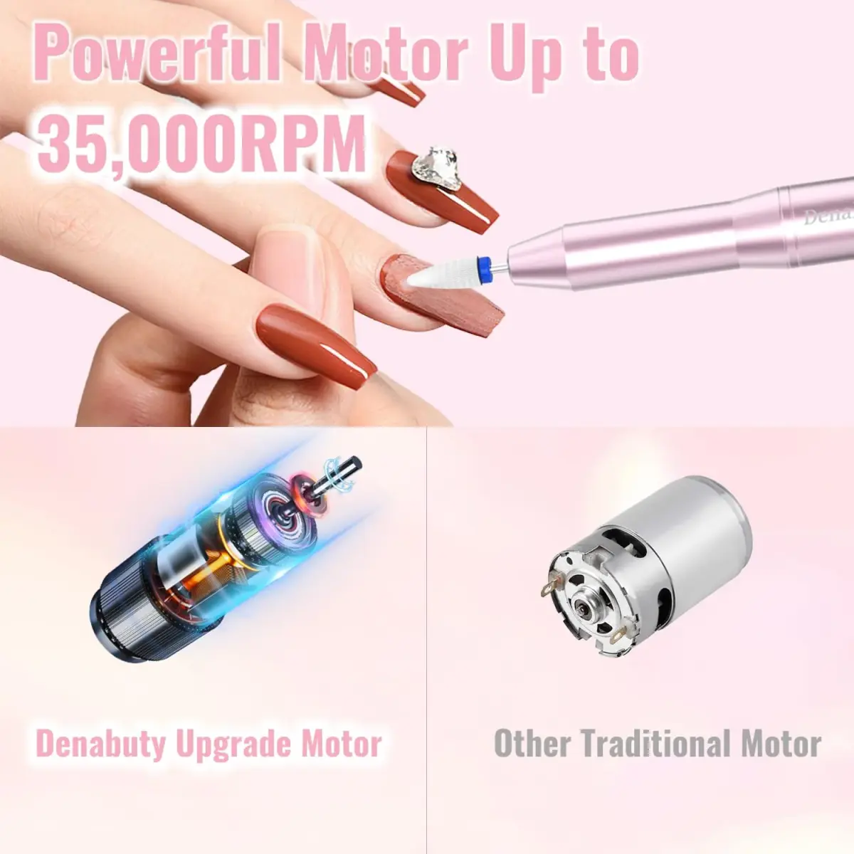 Denabuty Electric Nail Drill Cordless 35000RPM Pink | Professional Manicure & Pedicure Kit with LCD Display - view 4