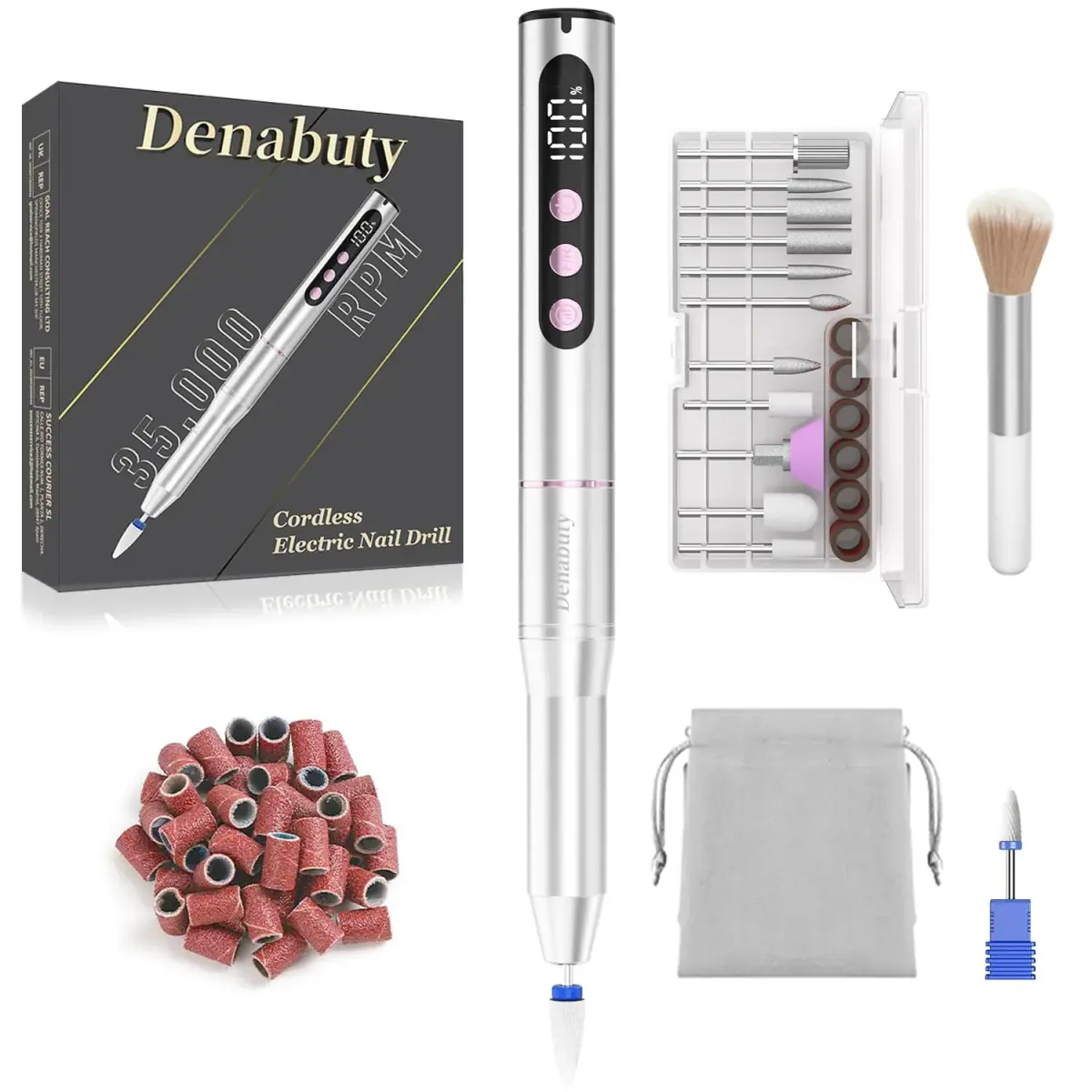 Denabuty Cordless Electric Nail Drill 35000RPM | Professional Manicure & Pedicure Kit with LCD Display - main product image