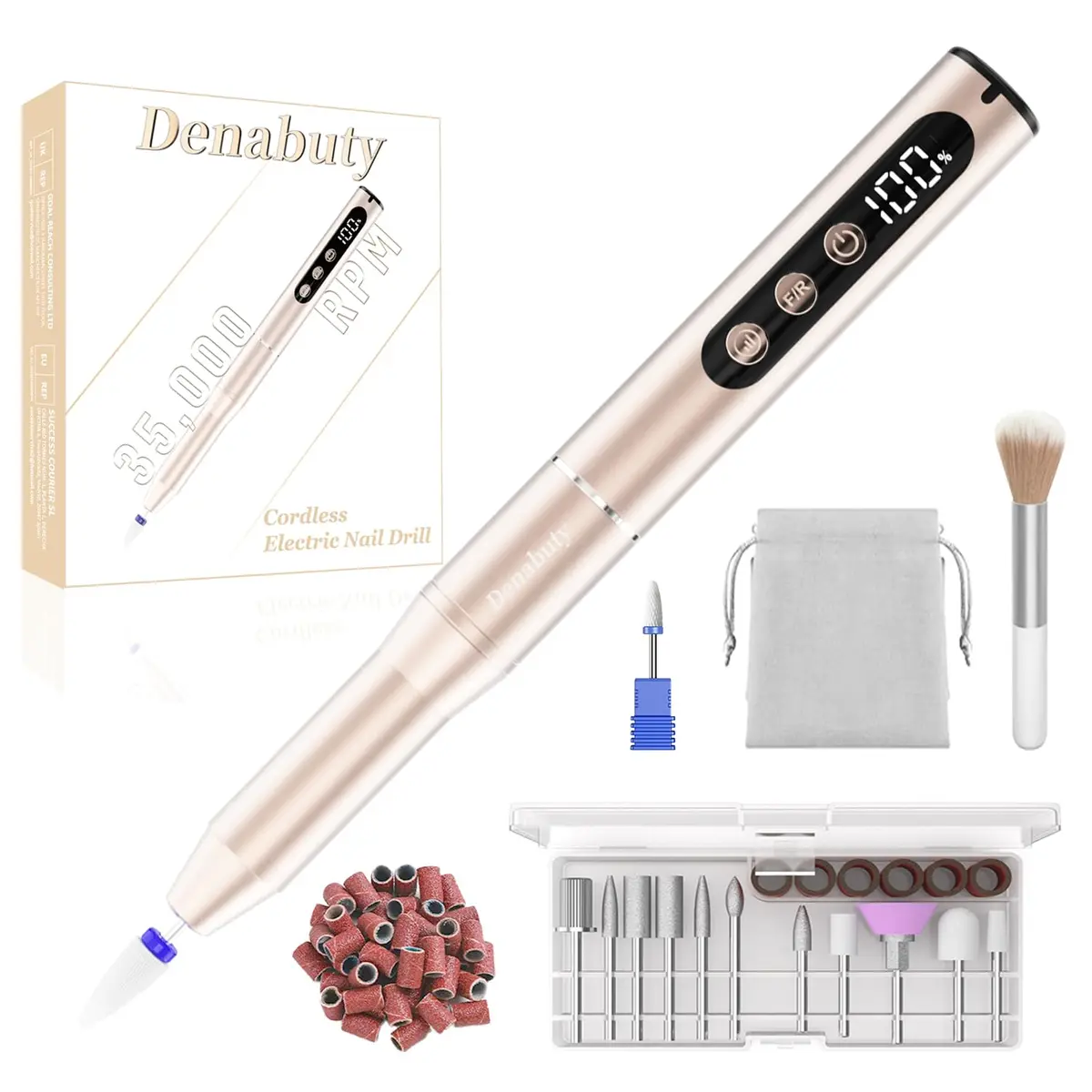 Denabuty Cordless Electric Nail Drill 35000RPM | Portable Manicure & Pedicure Kit with LCD Display - main product image