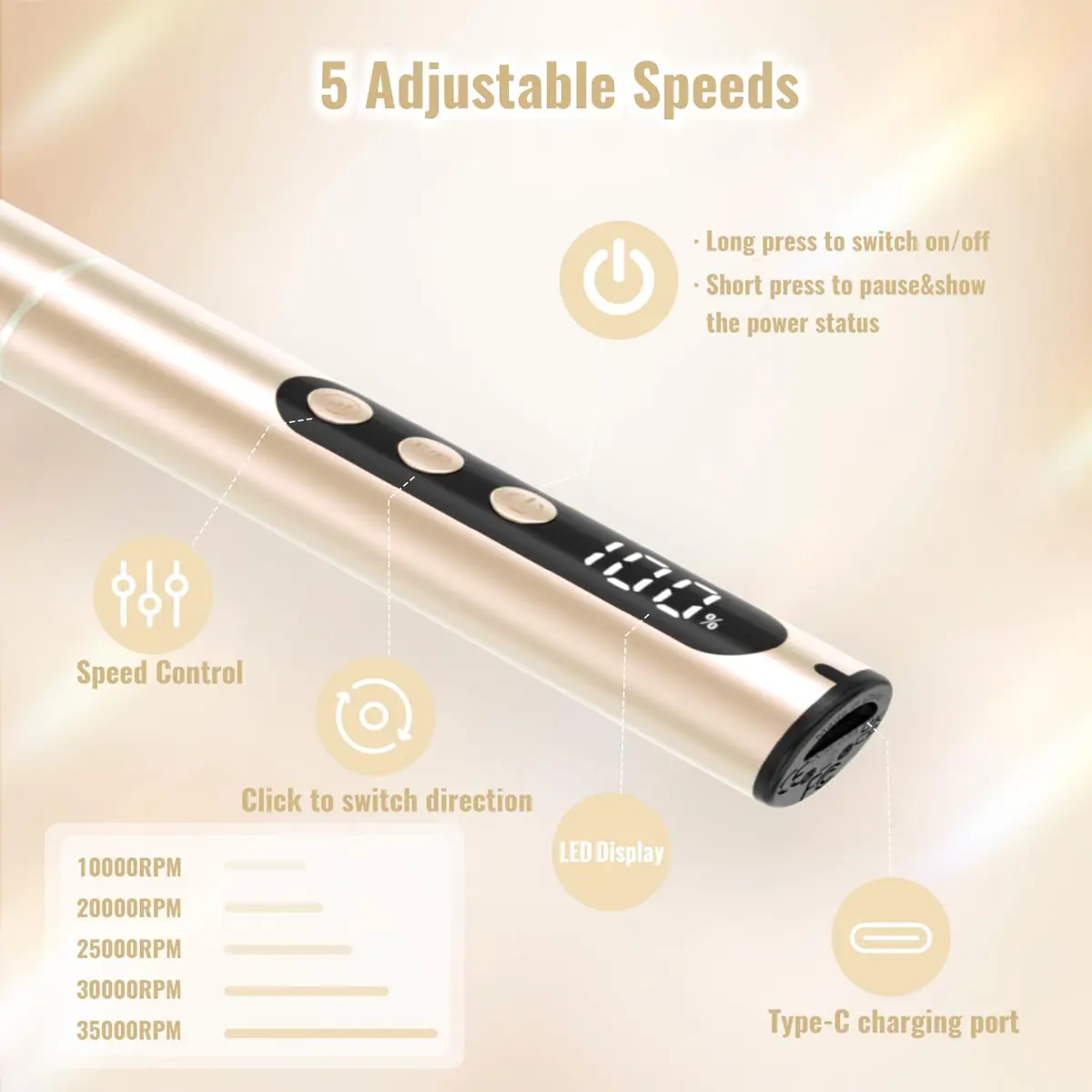 Denabuty Cordless Electric Nail Drill 35000RPM | Portable Manicure & Pedicure Kit with LCD Display - view 5