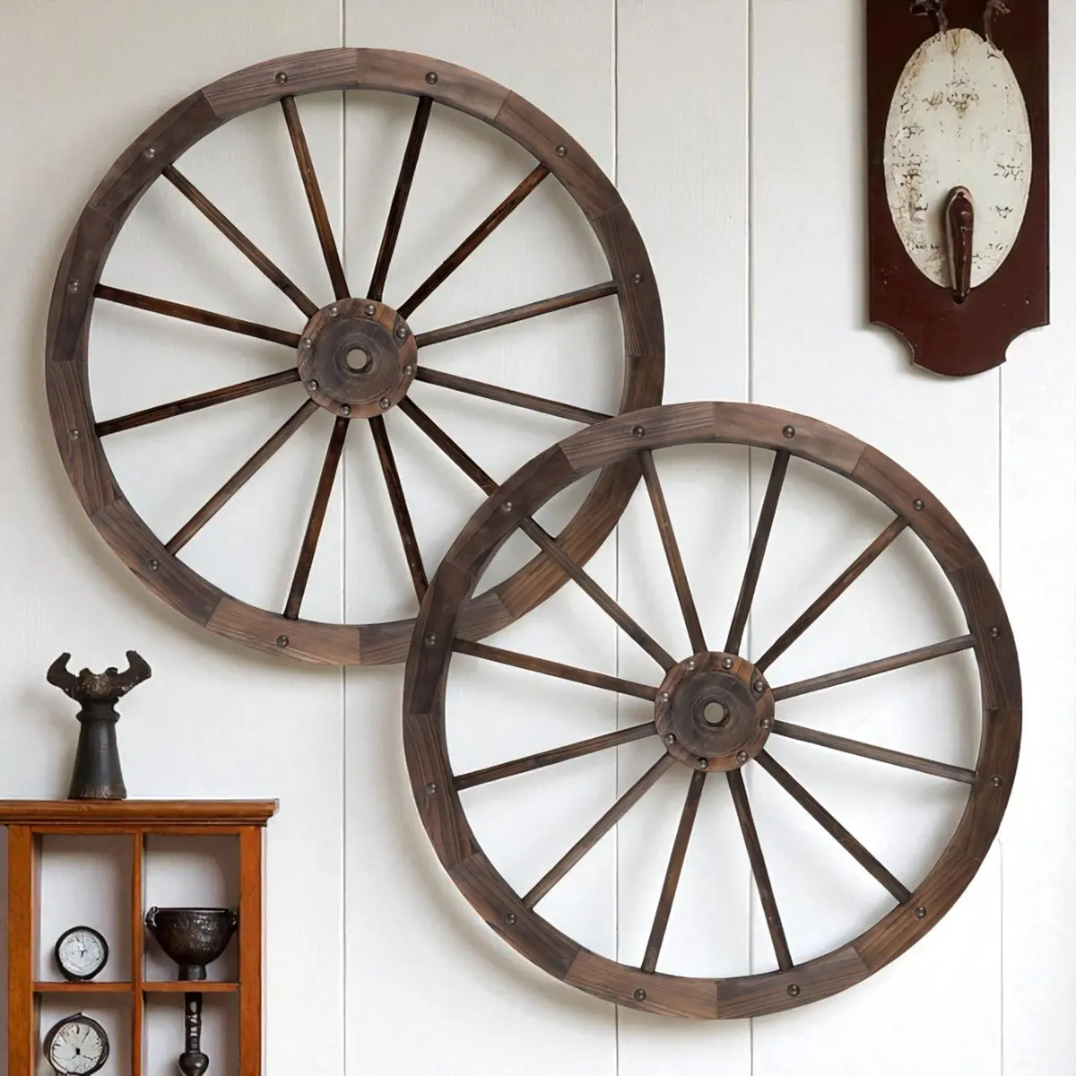 Shine Company 32" Decorative Wagon Wheel Trellis, 2-Pack, Oak | Rustic Outdoor & Indoor Wall Art - view 2