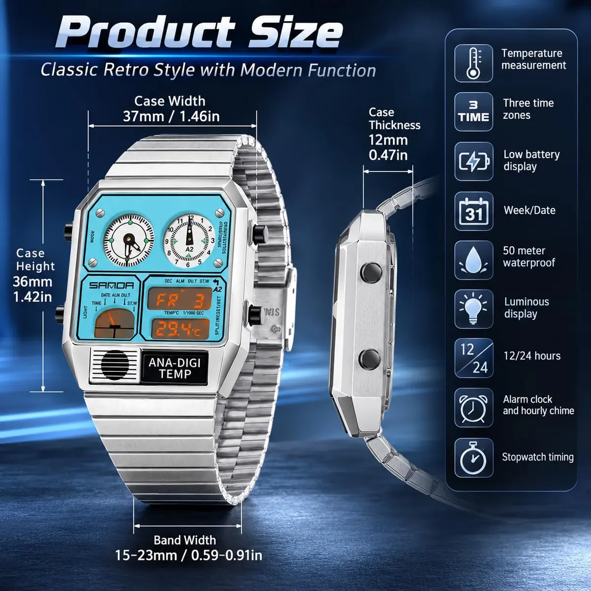 MASTOP Retro Square Analog-Digital Watch with Temperature Display 37mm Case | 50M Waterproof Multifunction Watch - view 7