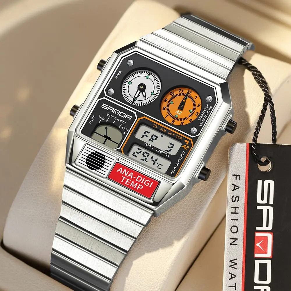 MASTOP Retro Square Digital Watch with Temperature Display 37mm (Silver White) | Analog-Digital Multifunction Watch - view 4