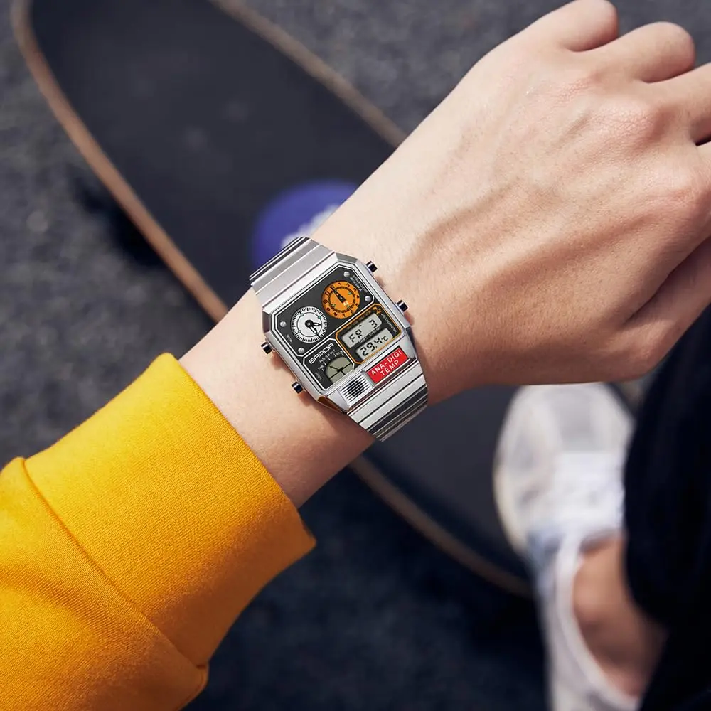MASTOP Retro Square Digital Watch with Temperature Display 37mm (Silver White) | Analog-Digital Multifunction Watch - view 5